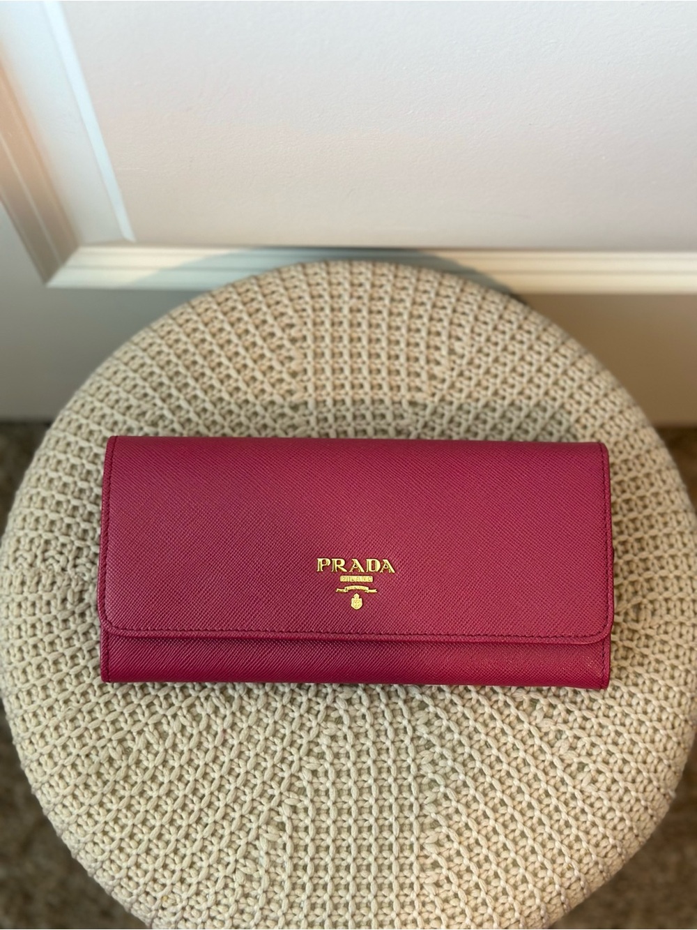 Prada Pink Saffiano Leather Continental Wallet with Gold Logo